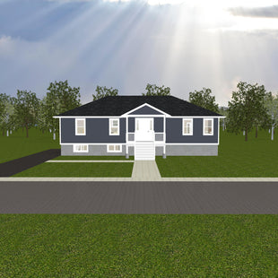 Raised bungalow with dark grey siding, white trim, black shingled hip roof. 2 basement windows to the left of center. Main floor entryway door with 2 sidelights, and 2 windows each side. Covered porch with slim white columns and railing and 6 steps.