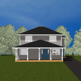 Two storey house with light grey siding and black shingled roof. Large windows and covered porch with 5 white columns. 