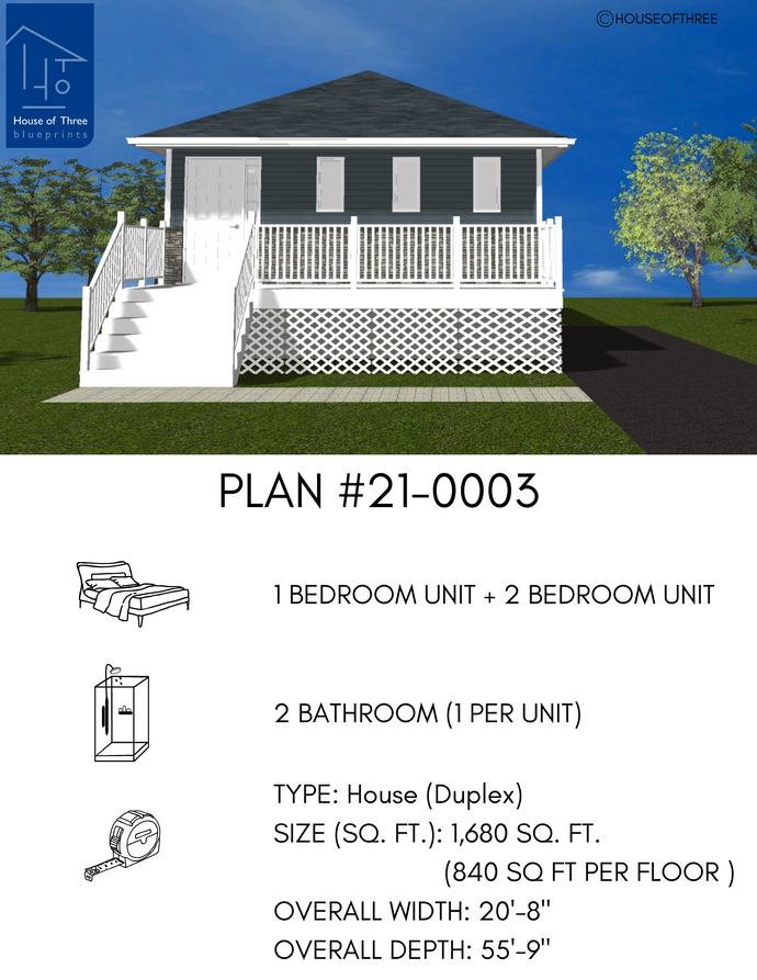 Raised Bungalow with dark teal siding, stone veneer and dark grey shingles. Front entry door with sidelight and three windows. Elevated porch with white picket rail and 6 wide steps with handrails down to grade. Lattice skirt on porch.