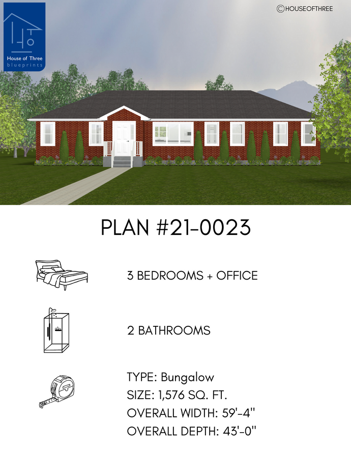 Single storey red brick bungalow with white trim and dark grey shingled hip roof. Six windows, large picture window and entryway with sidelight. Concrete porch with three steps and white spindle railings.