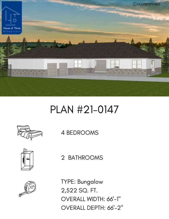 Plan #21-0147 | Bungalow, Attached Garage, Family Home, 4 bedroom, 2 bathroom