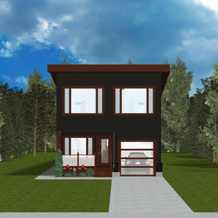 Two storey house with black vertical siding, dark red trim on doors and windows, flat shed style roof. Oversized windows and glass doors. 