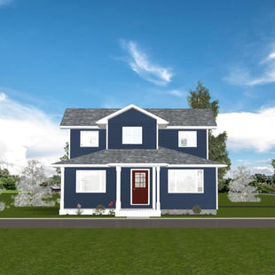 Two storey house with medium blue siding, light grey roof and white trim. Three large windows on second floor, two large windows on main floor with single door entryway. Covered porch with slim white columns. 