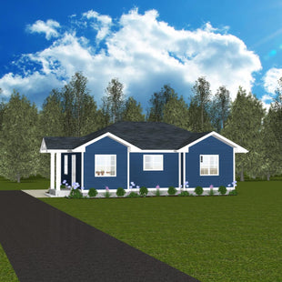 Small blue bungalow with dark grey shingled hip roof with multiple gable ends. Medium blue horizontal siding with white trim on windows and fascia. Entryway on perpendicular side with covered porch and concrete step and two slim white columns.  
