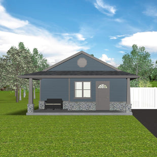 Small bungalow with medium blue siding, grey trim, stone watertable and dark grey shingled roof. Small recess with bench, large window,  single entryway door. Covered porch extends  width of house. Octagon louver vent  in gable end of roof.