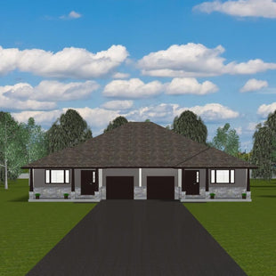 Semi-detached bungalow with taupe siding, dark brown trim, natural stone watertable, high peaked hip brown roof. Each side has a covered porch, large window, single door entry way and single car garage door.