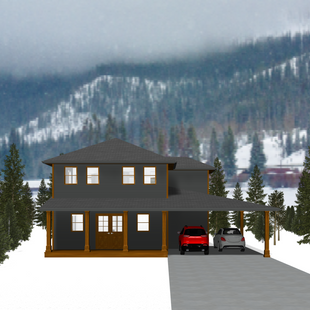 Two storey house with dark grey siding and hip roof, covered porch and carport for two vehicles, supported by wood columns. Double door front entryway and 6 windows. 