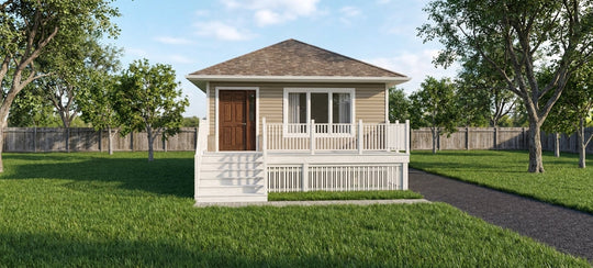 Exterior rendering of House of Three Plan #21-0003, a two-unit duplex with beige siding, a hip roof, and a covered white front deck.