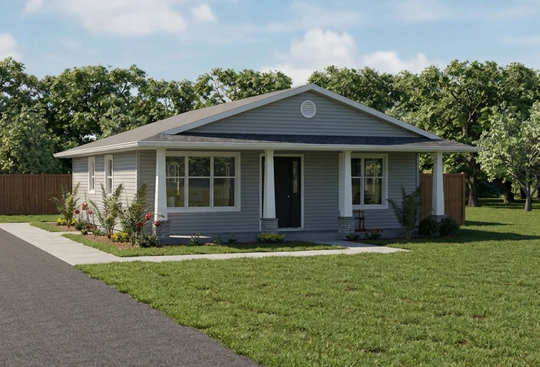 Exterior rendering of House of Three Plan #21-0001, an 880 sq. ft. gray-sided two-bedroom bungalow with a covered front porch and gable roof.