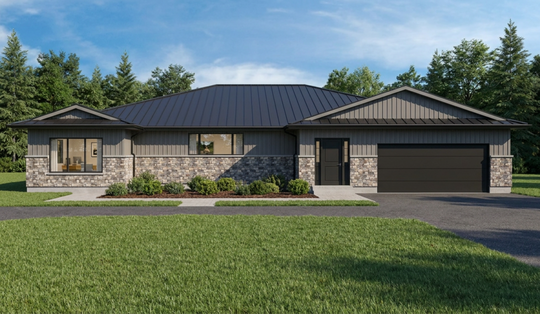 Exterior rendering of House of Three Plan #21-0002, a large four-bedroom bungalow with a dark metal roof, stone and board-and-batten siding, and an attached two-car garage.