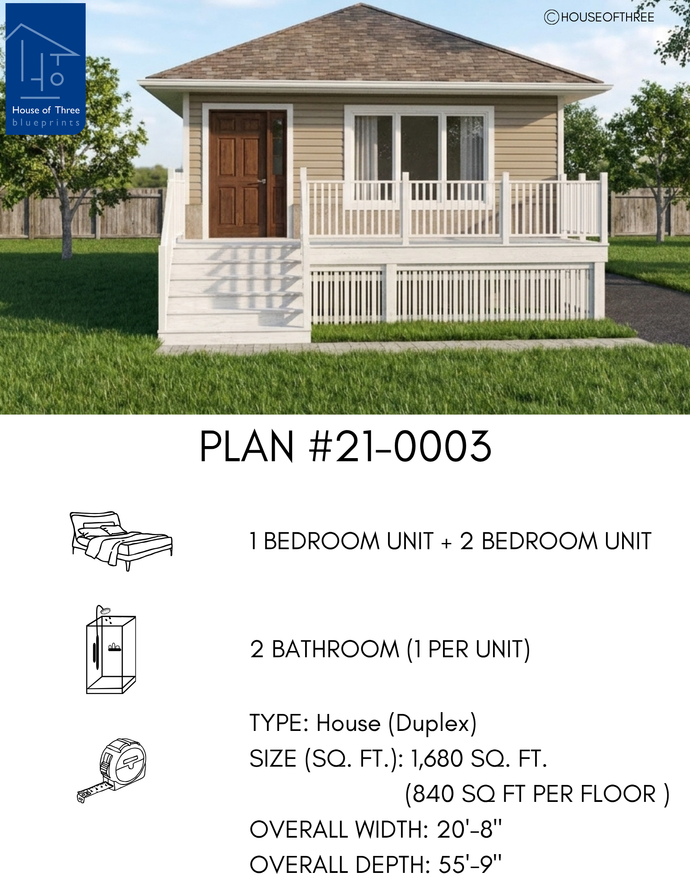 Plan #21-0003 | House, Duplex, 1 bedroom with 1 bath unit, 2 bedroom with 1 bath unit, Deck