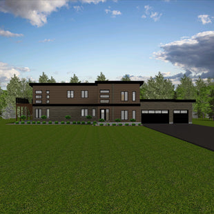 Two storey modern house with flat roof, brown siding, and stone veneer. Multiple transom and casement style windows. Double garage doors on attached garage. Elevated deck on the side with metal railings and stairs.