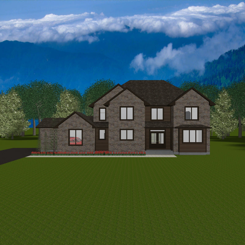 Large two storey house with brown siding and stone veneer. Dark brown shingled hip roof with 3 gable end facades. Single storey attached garage. Multiple windows, double door entry way with covered porch and concrete step.