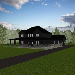 Two storey house with black vertical siding, black shingled hip roof with two dormered roofs. Multiple windows. Deep covered porch that extends width of house on two sides with sturdy columns. Separate 2 car garage attached with covered walkway.
