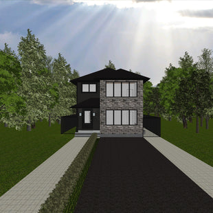 Two storey house with dark grey siding and stone veneer. Black shingled roof. Very large picture windows on main and second floor. Covered porch with concrete steps at entryway.