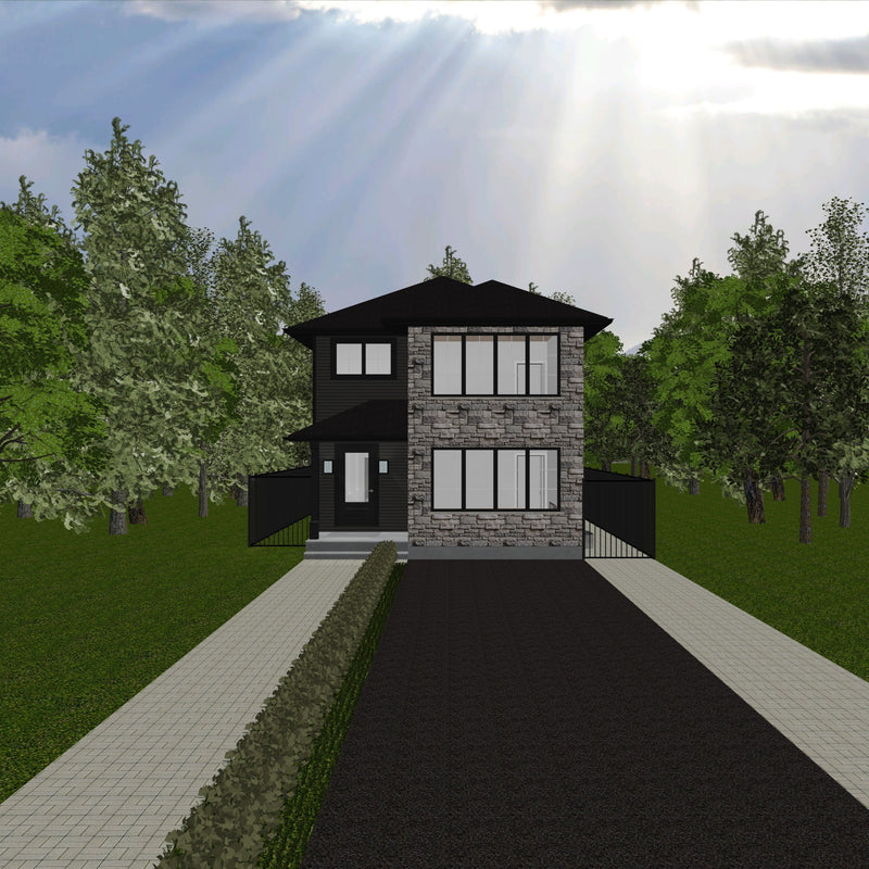 Two storey house with dark grey siding and stone veneer. Black shingled roof. Very large picture windows on main and second floor. Covered porch with concrete steps at entryway.