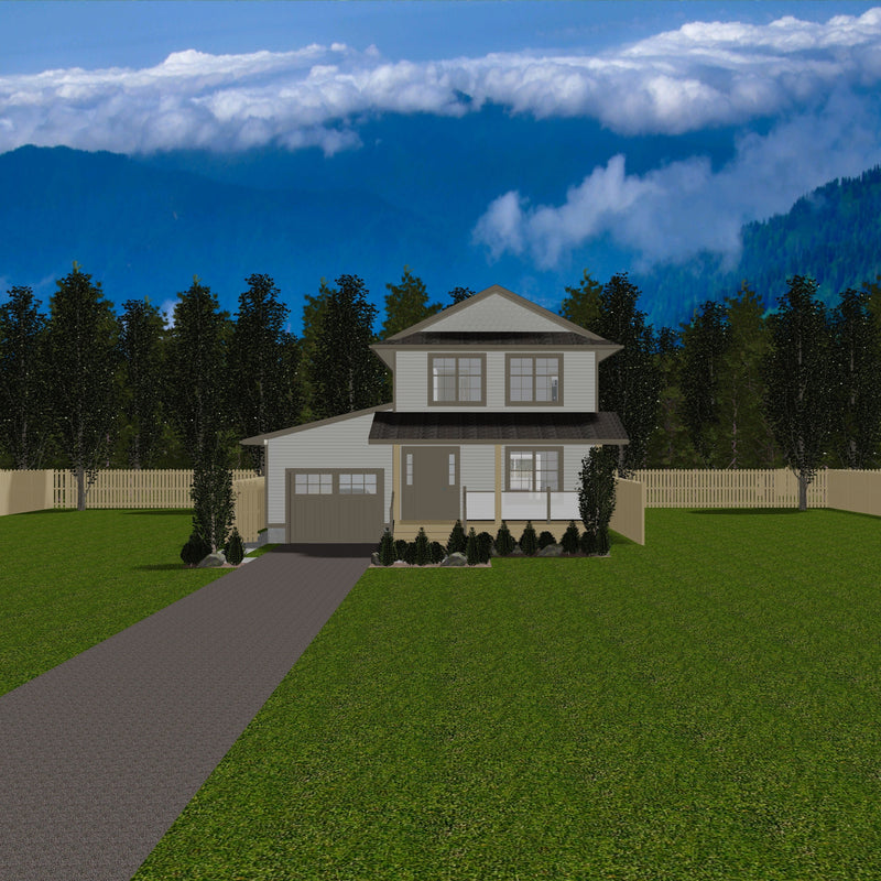Two storey house with taupe siding, dark brown roof and elevated covered porch running width of house. Two large windows on second floor, large window and door with sidelights on main floor. Single car attached garage to left of house. 
