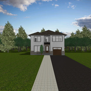 Two Storey house with light grey vertical siding, stone watertable, dark grey roof. Three large windows on second floor, large window and single garage door flank a single door entry way on main floor. 