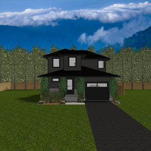 2 storey house with dark grey siding, black shingled hip roof, black trim and natural stone water table. 3 fixed windows on second floor. Small transom window and glass main entryway door with covered porch. Single car door on attached garage.