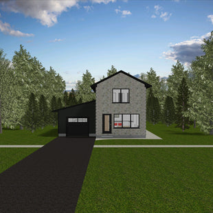 2 storey narrow house with natural stone cladding, single entryway door and large picture window on main floor, single rectangular window on second floor. Single car garage on left side with shed roof and dark brown siding.