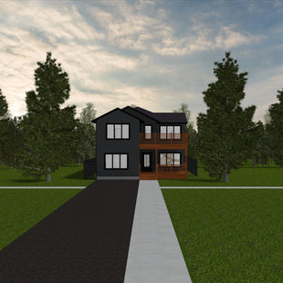 2 storey house with dark grey siding, black shingled gable rooflines, black trim. Two large picture windows and single entryway glass door. Second floor has matching windows. Covered porch and second floor deck.