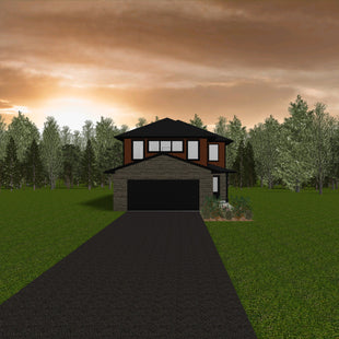2 Storey house with attached garage in front cladded in natural stone. Main house features reddish brown siding, black trim and black hip roof. 4 windows on second floor. Covered front porch at entryway with slim column and concrete step.