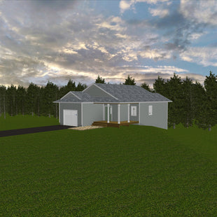 Single storey house with walk-out basement foundation at rear. House has light grey siding, white trim, light grey shingled roof. Single car attached garage in front, wrap around covered porch on right, entryway door and 3 columns and wood steps.