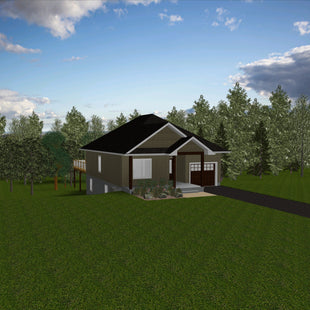 Bungalow with taupe siding, black shingled hip roof. Shingled gable ends over front entry way. Single car garage door, single door entry, square window. Grade slopes away to allow for basement walk out and main floor deck.