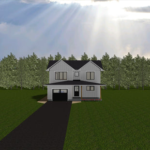 Two storey house with grey siding, black shingled roof. Main floor shows a single car garage door, single door entry way, covered porch and a window. Second floor two large windows, each with a gable end roofline. Small window in centre.