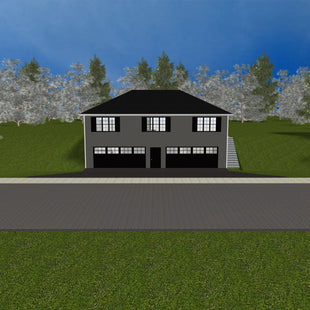 2 storey house with gray siding, black shingled hip roof. Ground floor has 2 double garage doors with single door entryway in center. Second floor has 3 equally space windows with black shutters. Exterior stairway on right side leads to 2nd floor. 