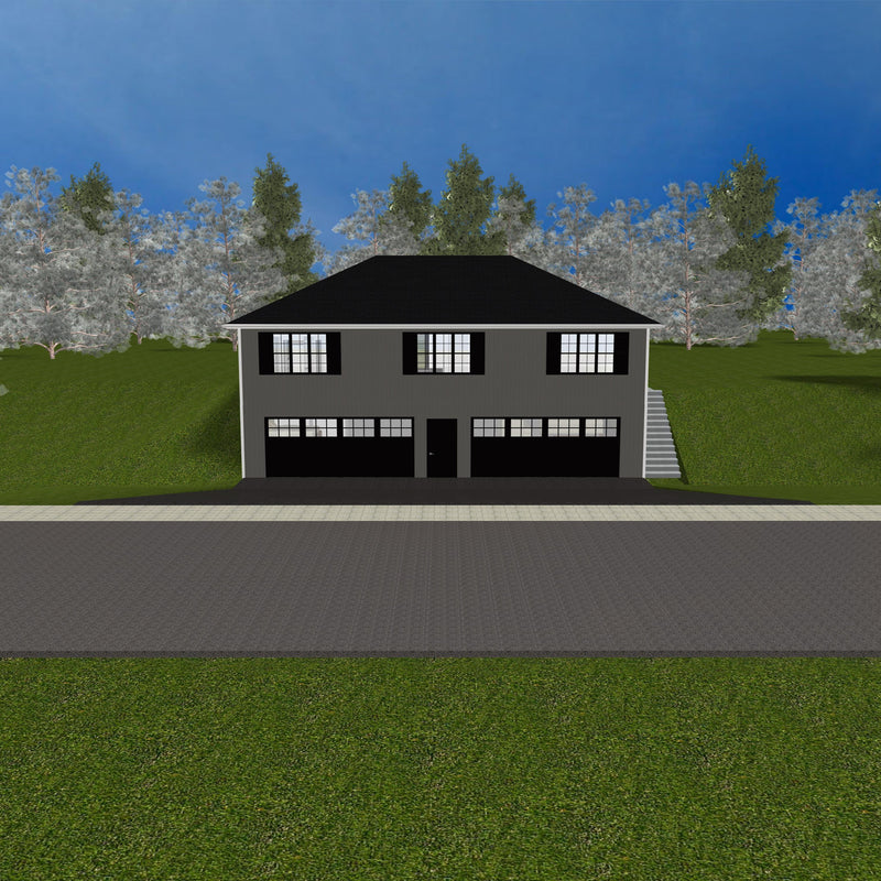 2 storey house with gray siding, black shingled hip roof. Ground floor has 2 double garage doors with single door entryway in center. Second floor has 3 equally space windows with black shutters. Exterior stairway on right side leads to 2nd floor. 