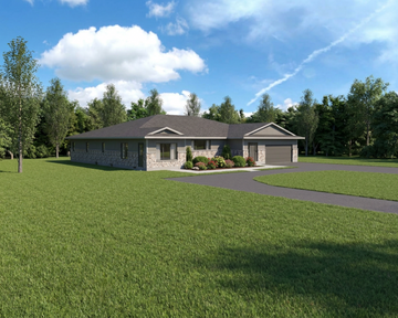 Stone and siding house with a driveway and green lawn under a blue sky.