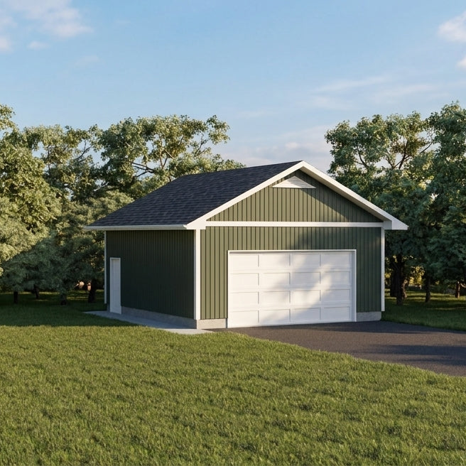 A modern single-car garage with dark green siding, a white garage door, and a dark gray roof, situated on a grassy lawn with trees in the background.