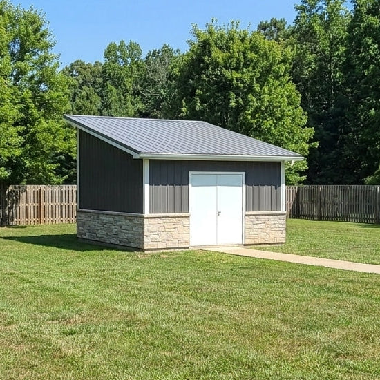 Exterior rendering of House of Three Plan #21-0084, a one-storey 16 by 16 storage shed with charcoal vertical siding, stone-veneer wainscot, white double doors and a single-slope metal roof.