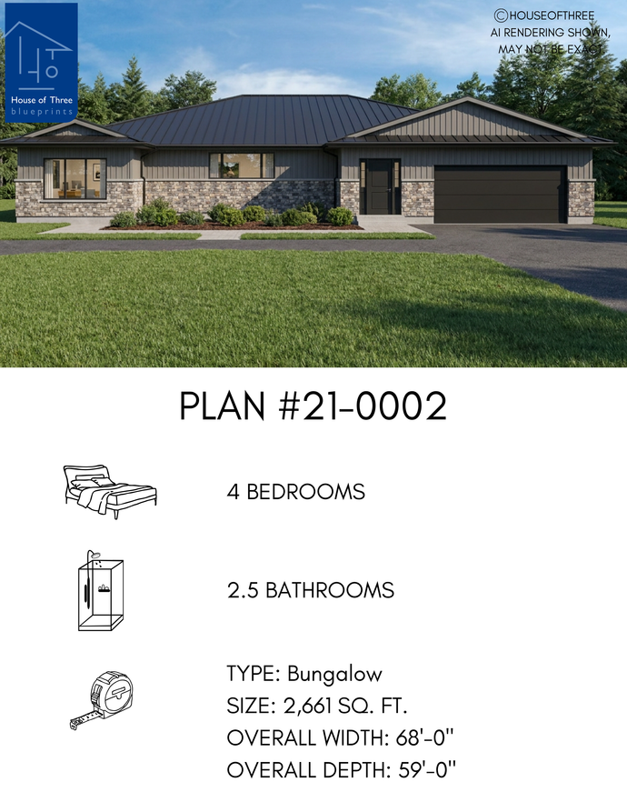 Houses of Three architectural plan with house exterior and plan details.