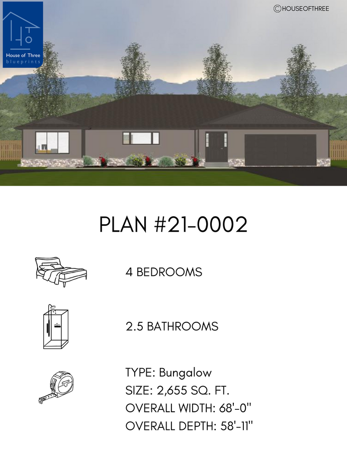 Plan #21-0002 | Bungalow, 4 bedroom, 2.5 bathroom, Office, Attached Garage