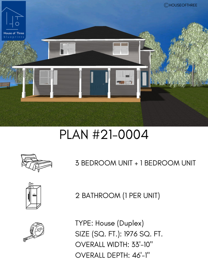 Plan #21-0004 | House, Duplex, 3 bedroom with 1 bath unit, 1 bedroom 1 bath unit, Secondary Suite
