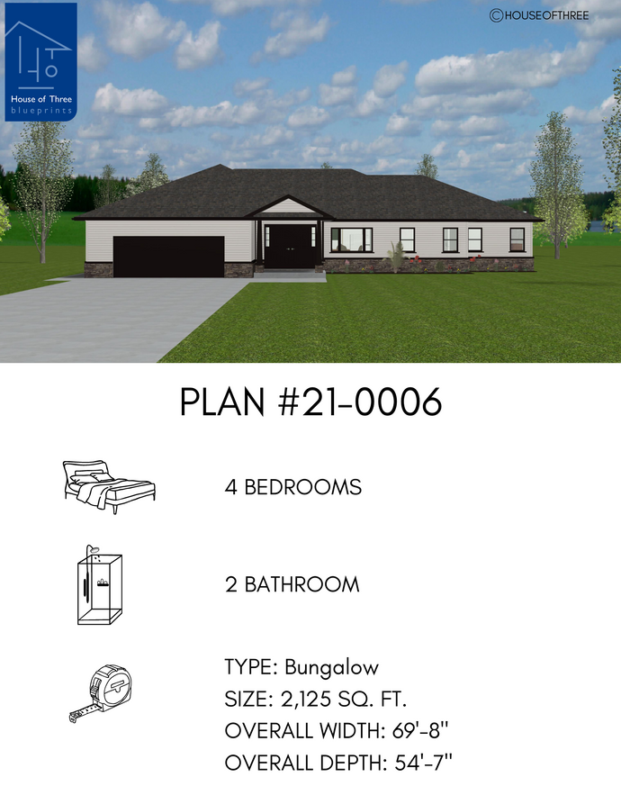 Plan #21-0006 | Bungalow, Slab on Grade, Attached Garage, 4 bedroom, 2 bathroom
