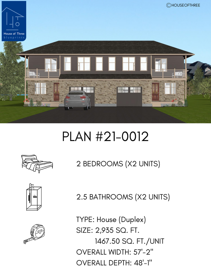 Two storey semi-detached house with grey siding, stone veneer and tan trim. Each side has a covered front porch and covered second floor deck, multiple windows and single garage doors.