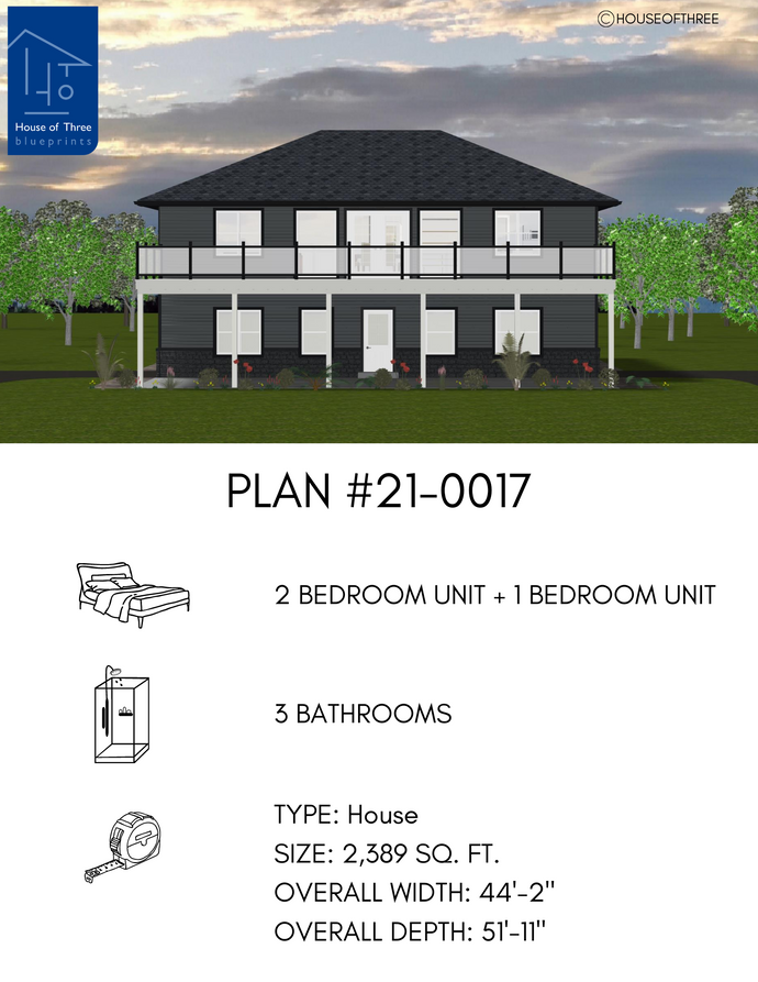 Two storey duplex with dark grey siding, stone veneer water table and dark grey hip roof. Second floor deck with glass railings extends across width of house. Four windows and door on each level.