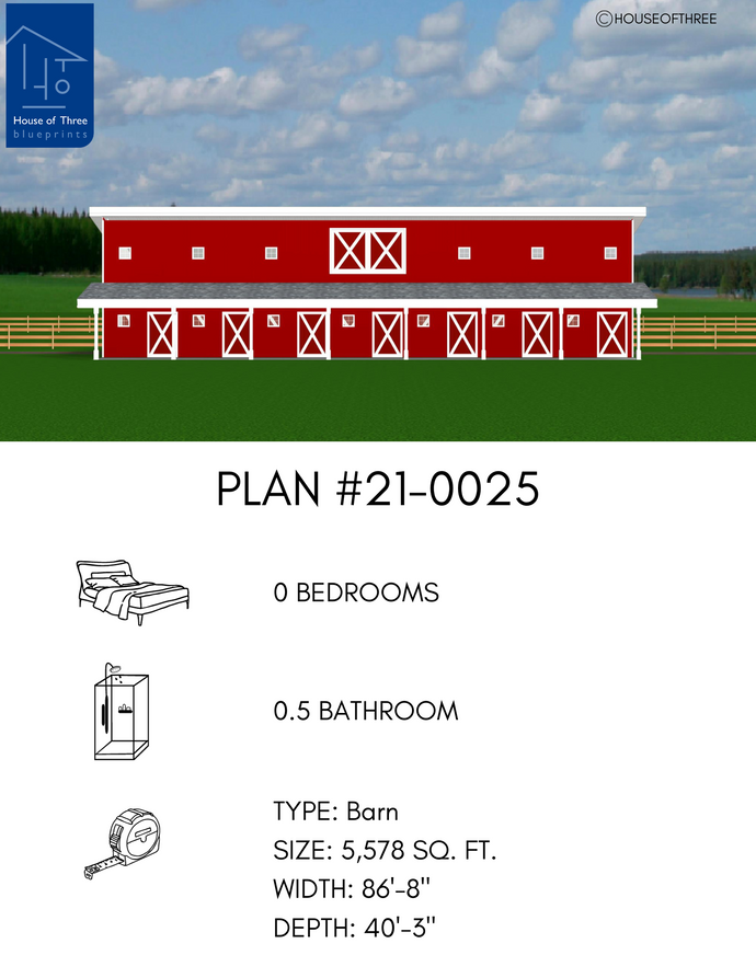 Two storey red barn with shed roof. Veranda with slim white columns extends length of barn. Seven stable doors on ground level and one double loft door on upper level.