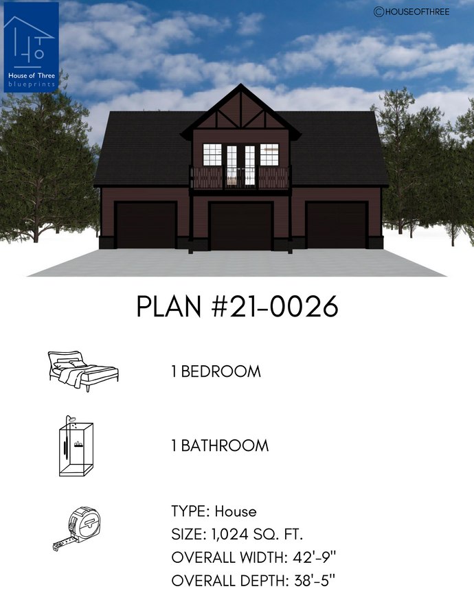Two storey house with brown siding, dark brown trim and doors, dark grey gable roof. Three single garages doors on ground level and dormered second level deck featuring double french doors with windows on each side and decorative chalet style gables.