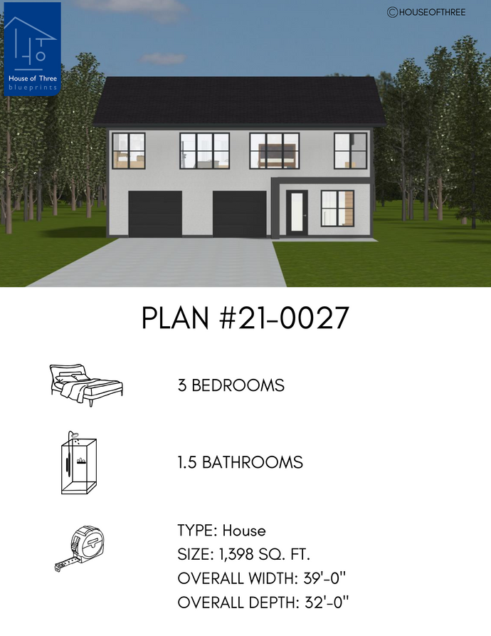 Plan #21-0027 | 2 Storey, Modern House, Attached Garage, 3 bedroom, 1.5 bathroom