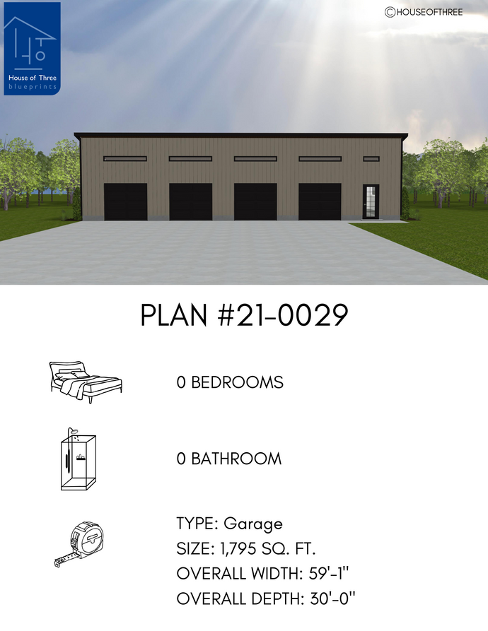 Four bay garage with light tan vertical siding, sloped shed roof and single entryway door far right. Narrow transom windows above each overhead door. 