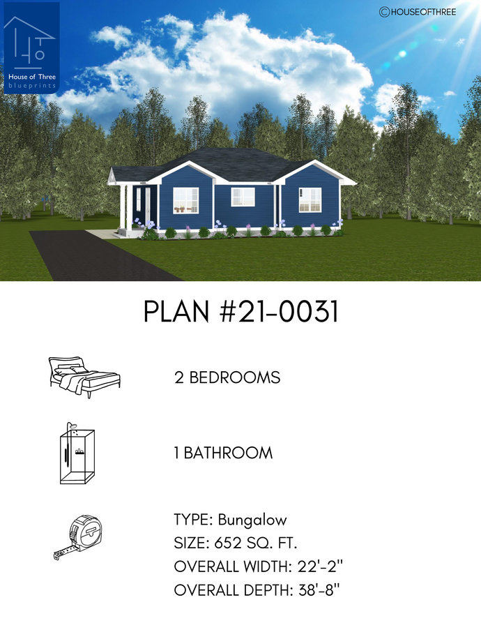 Small blue bungalow with dark grey shingled hip roof with multiple gable ends. Medium blue horizontal siding with white trim on windows and fascia. Entryway on perpendicular side with covered porch and concrete step and two slim white columns.  