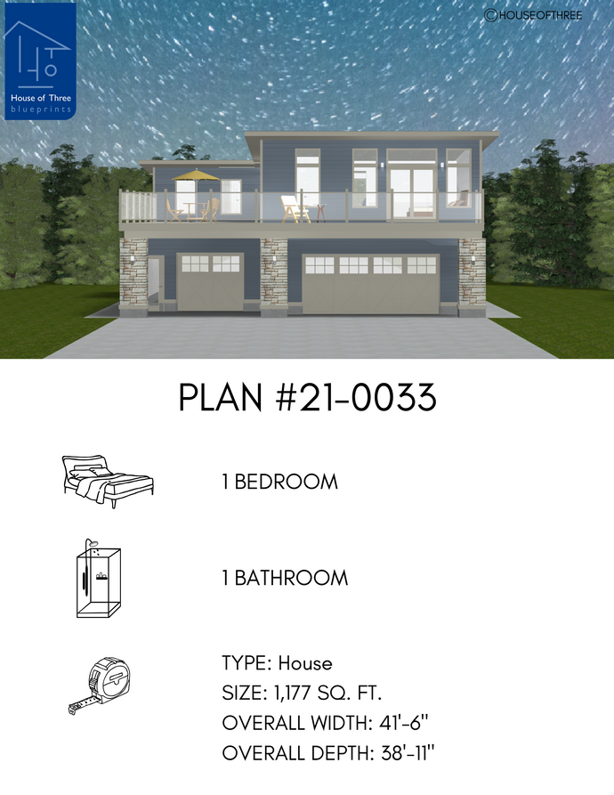 2 storey house over garage with flat shed roof, medium blue siding and grey trim. Second floor has multiple large windows, deck that extends the width of house with a glass railing. The ground floor garage has a double and single overhead doors. 