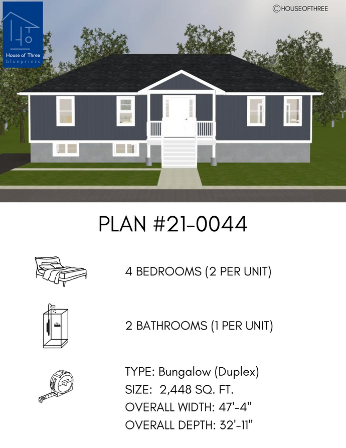 Plan #21-0044 | Bungalow, Duplex, Open concept, 4 bedroom, 2 bathroom