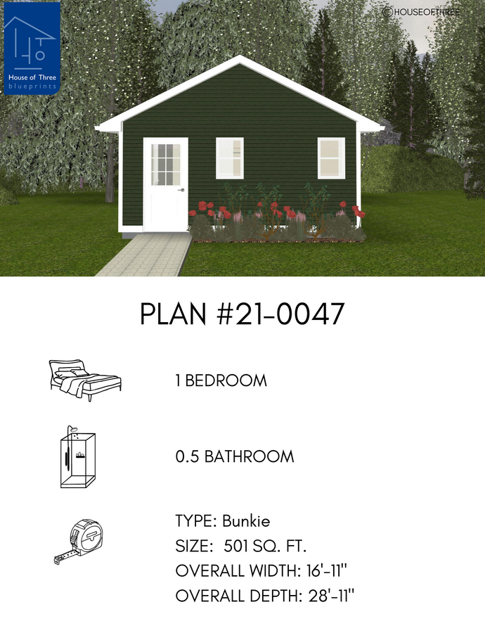 Plan #21-0047 | Bunkie, Slab on Grade, 1 bedroom, 0.5 bathroom