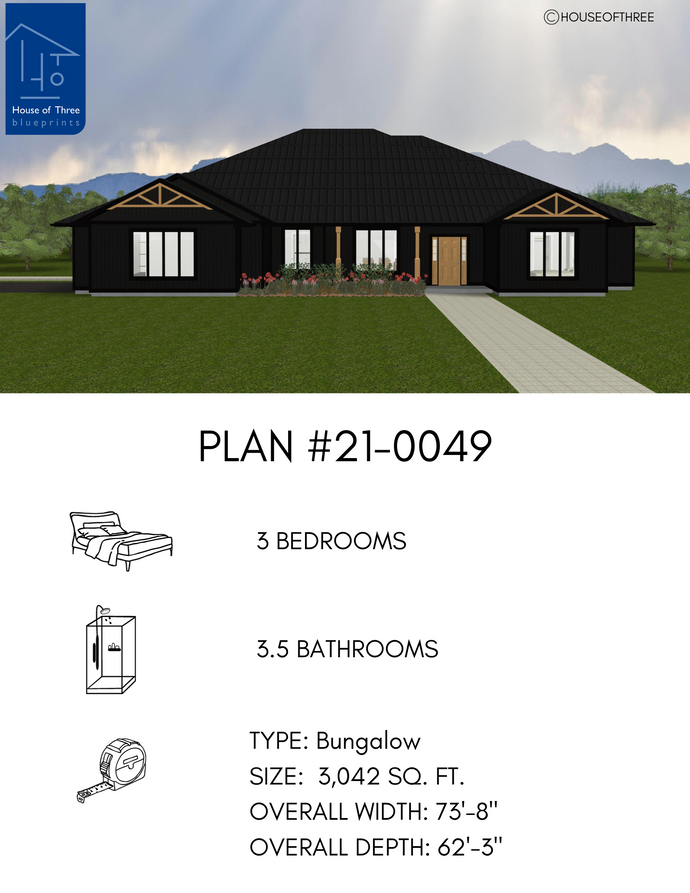 Plan #21-0049 | Bungalow, Slab on Grade, 3 bedroom, 3.5 bathroom, Family Home