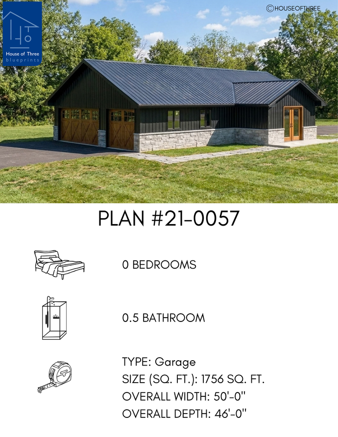 Plan #21-0057 | Garage, 0.5 bathroom, Office, Slab on Grade, Workshop